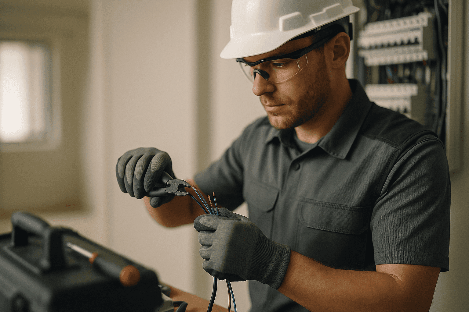 Electrician wearing PPE handling wiring at a clean residential or commercial job site